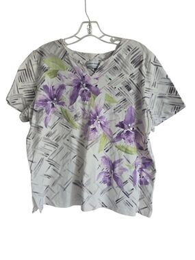 Alfred Dunner White Short Sleeve Top with Purple Floral Print